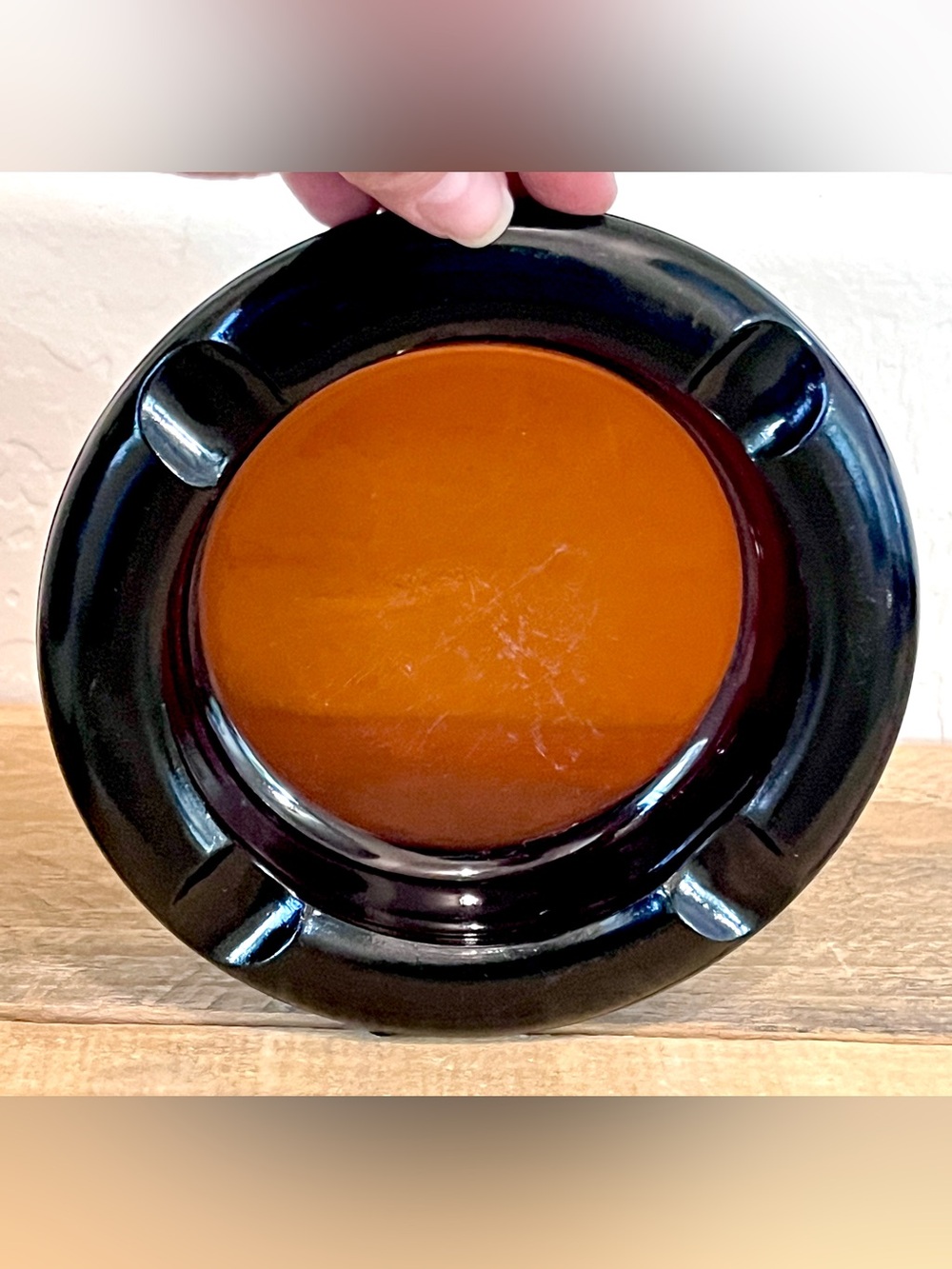Vintage MCM Heavy Dark Amber Glass Round Cigar Ashtray Catchall 6”
